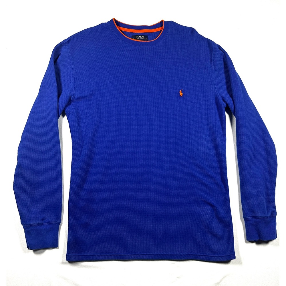 Polo Ralph Lauren Mens Large Blue Orange Waffle Knit‎ Thermal Long Sleeve Shirt